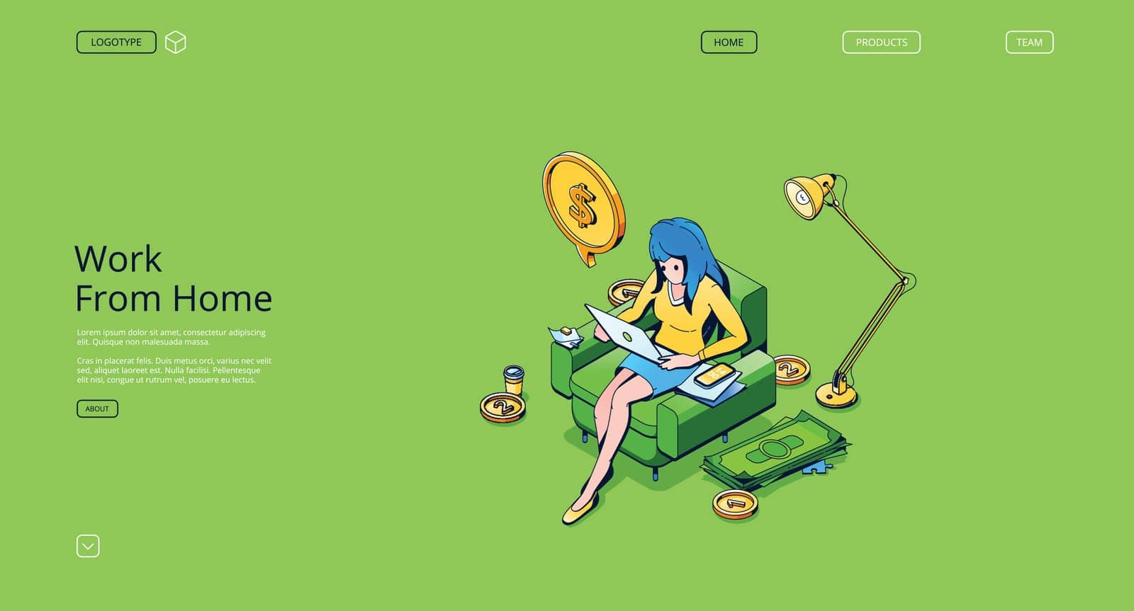 Work from home isometric landing page, freelancer by upklyak