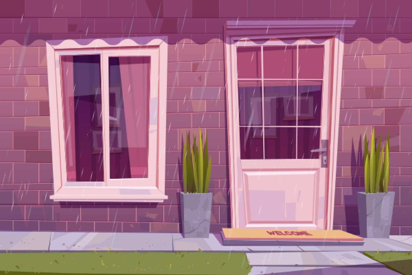 House facade with closed door, window and brick wall in rain. Vector cartoon building exterior, home front with welcome mat on doorstep, plants and green grass at rainy weather