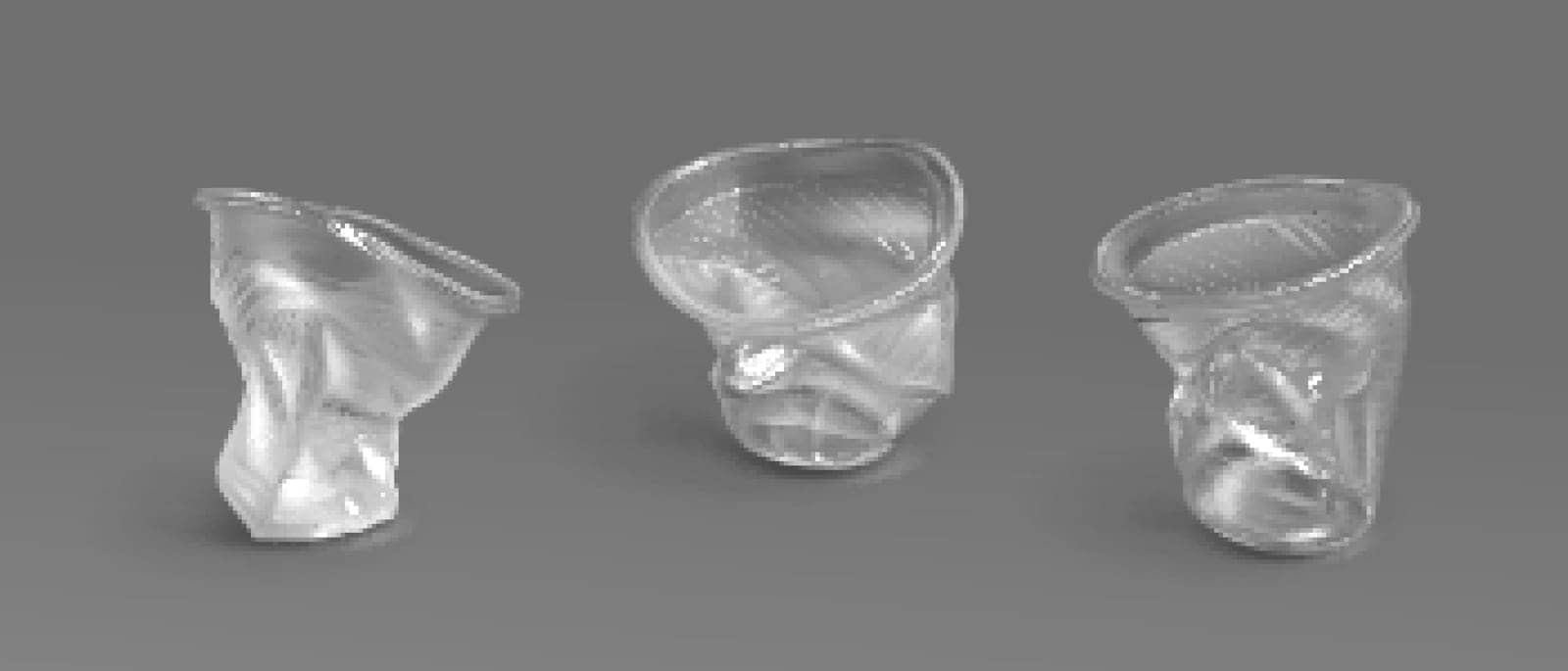 Used plastic cups, transparent disposable glasses. Vector realistic set of crumpled empty clear cups for water, juice, tea and drinks. Concept of recycle trash, discarded garbage