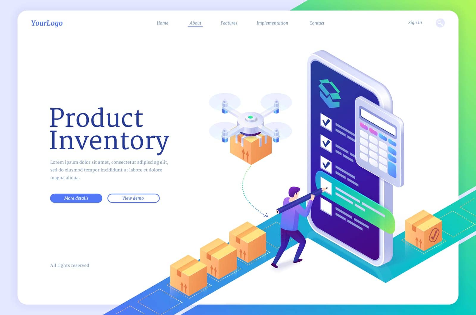 Product inventory isometric landing page, banner by upklyak