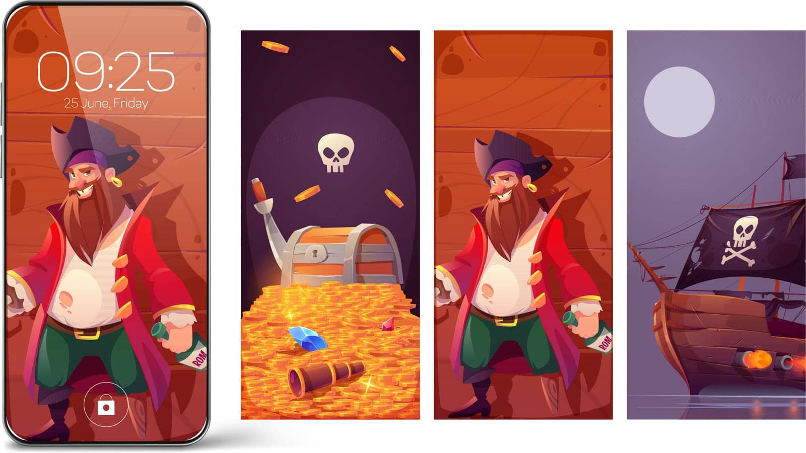 Pirate theme for smartphone screensaver with captain, treasure chest on pile of gold coins and wooden ship with black sails and flag. Vector cartoon illustrations for mobile phone screen