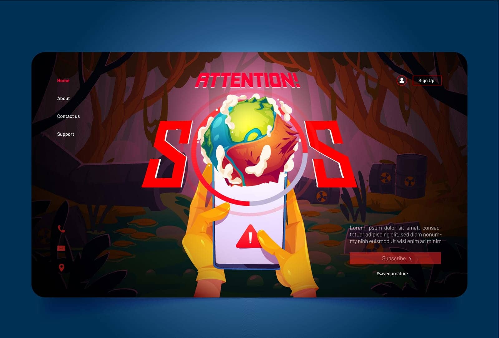 Save the planet cartoon landing page, smartphone in hands, app show sos sign near polluted pond and pipe emitting water with toxic liquid. Environment protection, eco conservation vector web banner