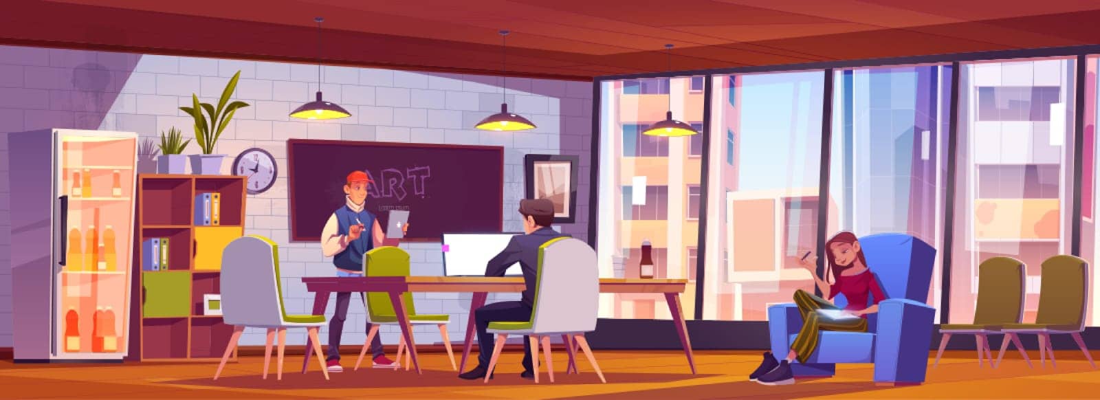 People in loft coworking office develop business idea or art project, teamwork, brainstorm concept. Relaxed creative team sitting at desk and armchairs in working space, Cartoon vector illustration