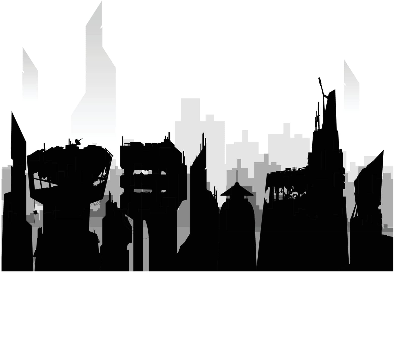 illustration of destroyed and abandoned future black color city silhouette