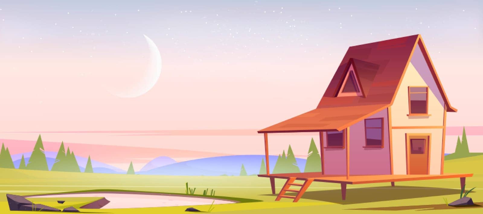 Village house on hill with pond and green grass at morning. Vector cartoon illustration of summer or spring landscape of countryside with small wooden cottage, lake, trees and waxing moon in sky