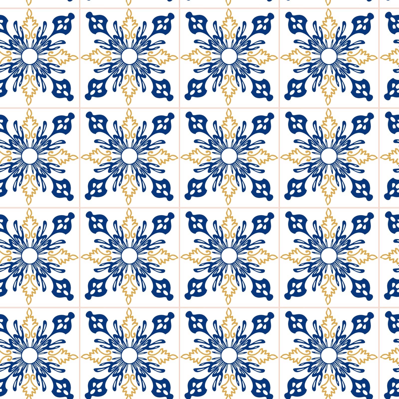 Geometry seamless pattern in Portugal style yellow and blue ornament. Azulejo vector, fashion interior design tiles. Ornamental textile background