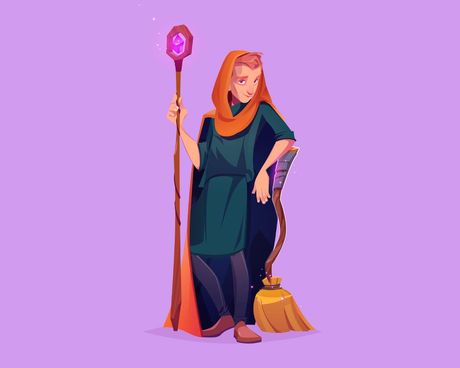Man wizard with magic staff and broom. Vector cartoon illustration of sorcerer character, warlock in medieval cloak with hood, mage with wooden stick with crystal and broomstick