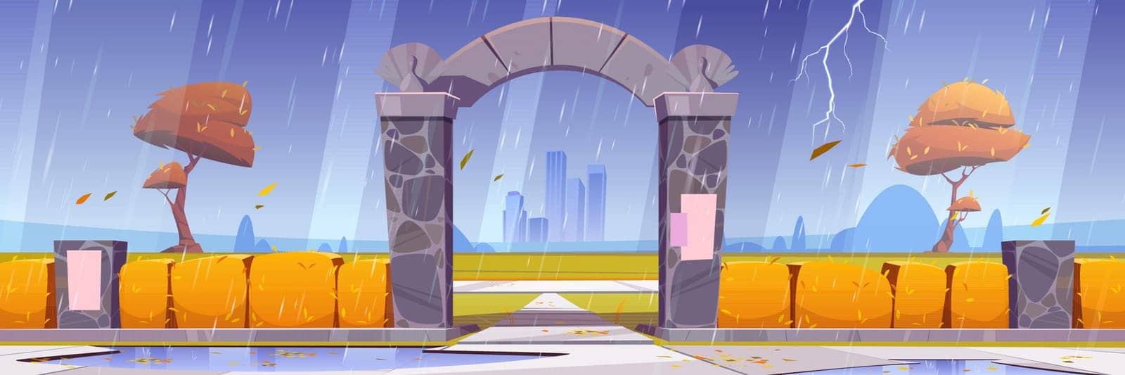 Stone gates, entrance to autumn city garden or park at rainy weather. Urban skyline with hedge fence, yellow trees and bushes on cityscape background with skyscrapers, Cartoon vector illustration