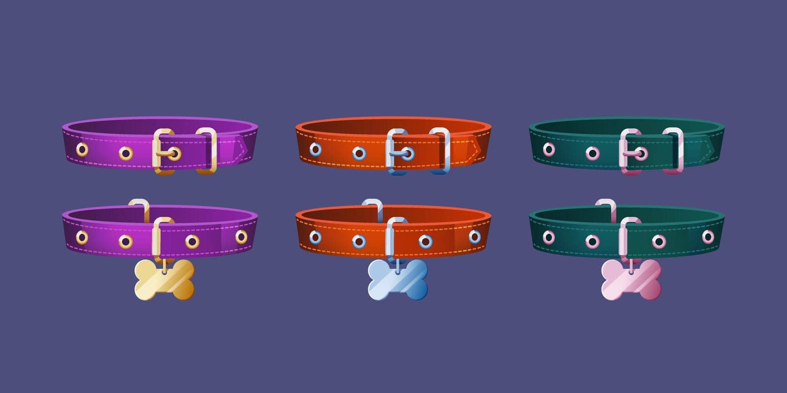 Dog collars with bone and clasp, pet accessories set of red, purple and green colors. Leather belts with gold or silver medallion for domestic animal, isolated objects, Cartoon vector illustration