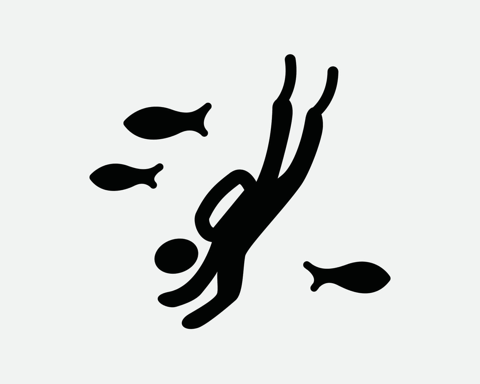 Underwater Dive Icon. Man SCUBA Diving Diver Underwater Sea Ocean Fish Marine Black White Sign Symbol Illustration Artwork Graphic Clipart EPS Vector