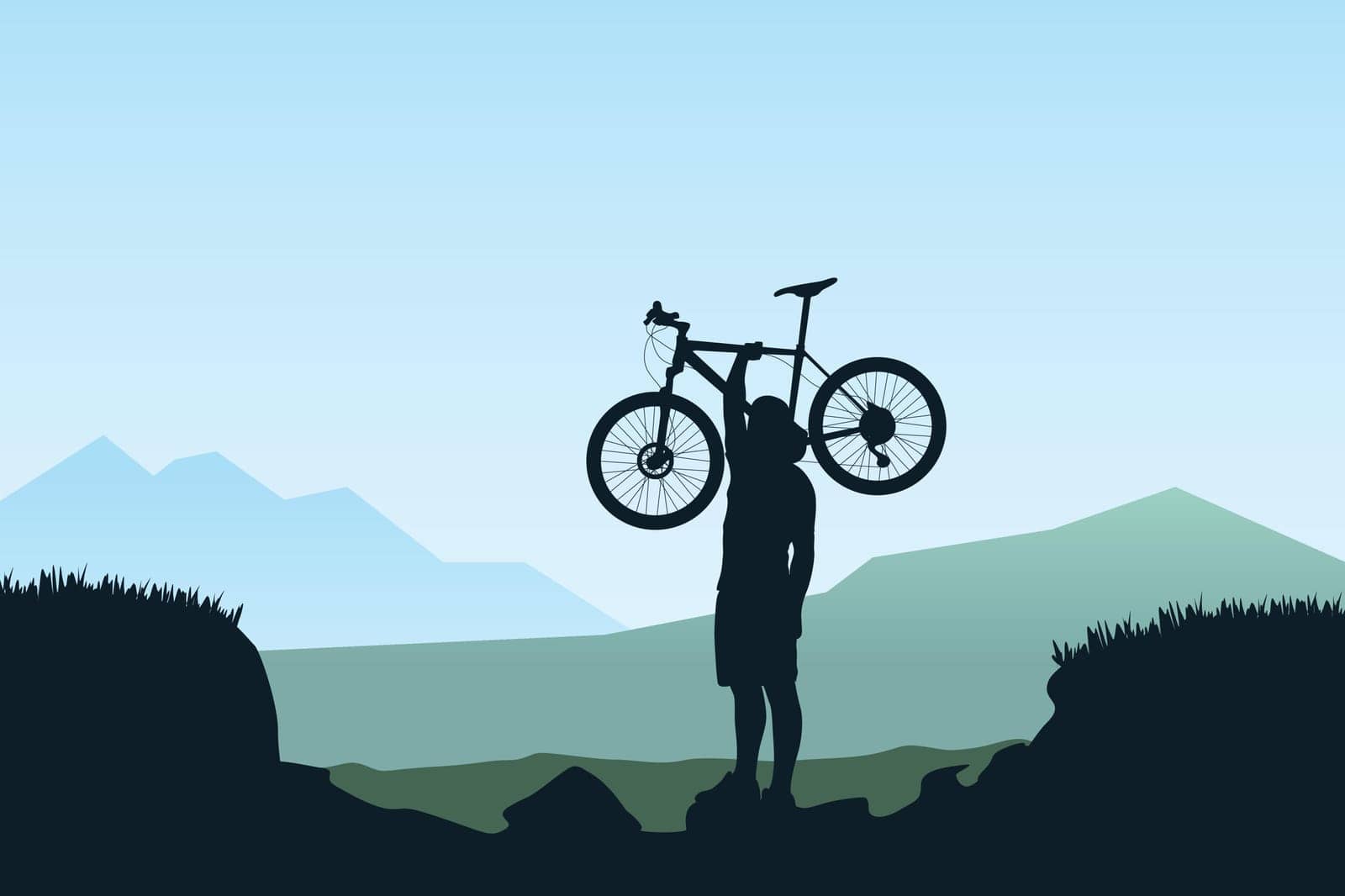 illustration of bicycle rider silhouette carrying bicycle across pit