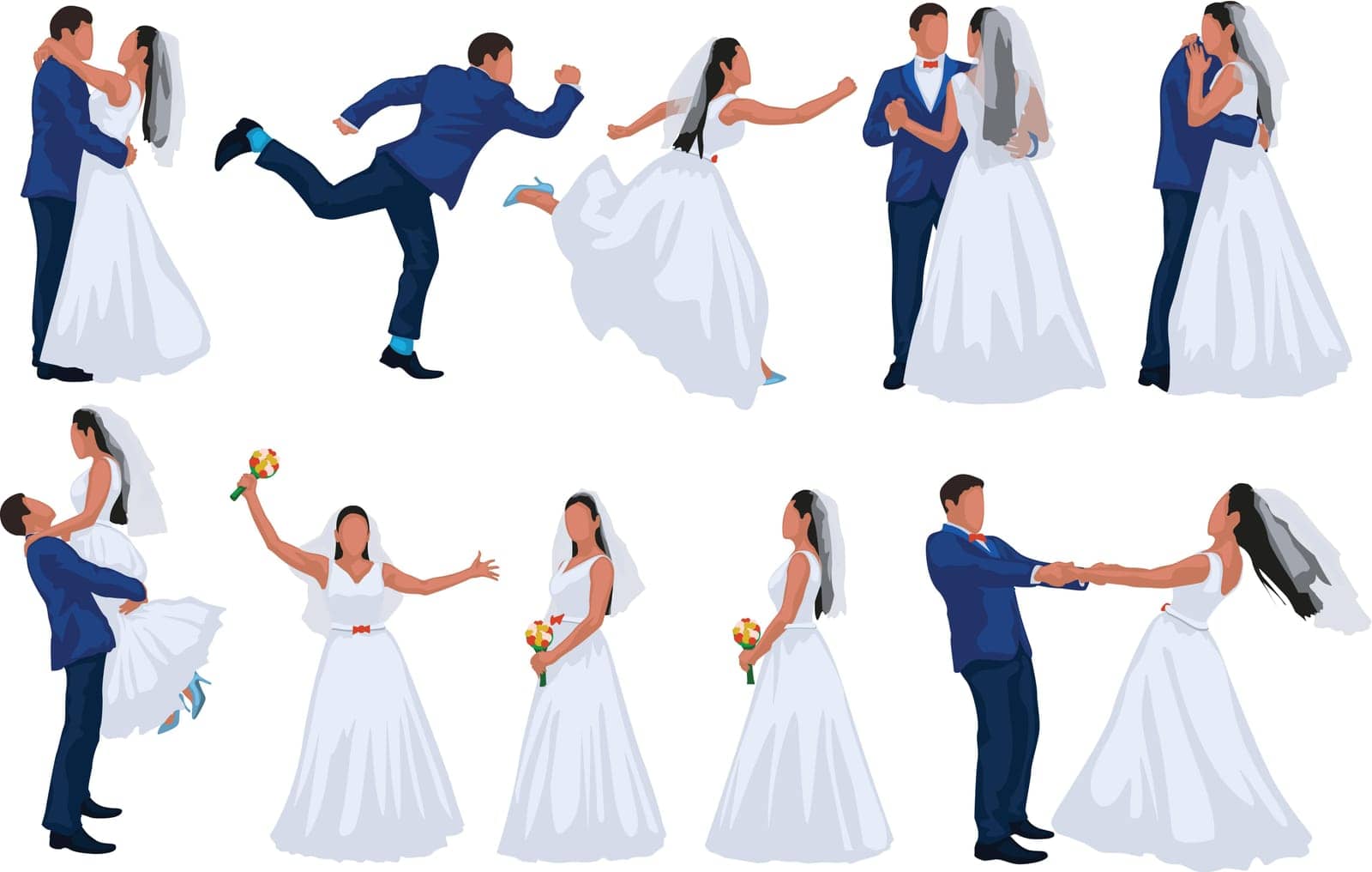 illustration wedding set of groom and bride in different poses isolated on white background