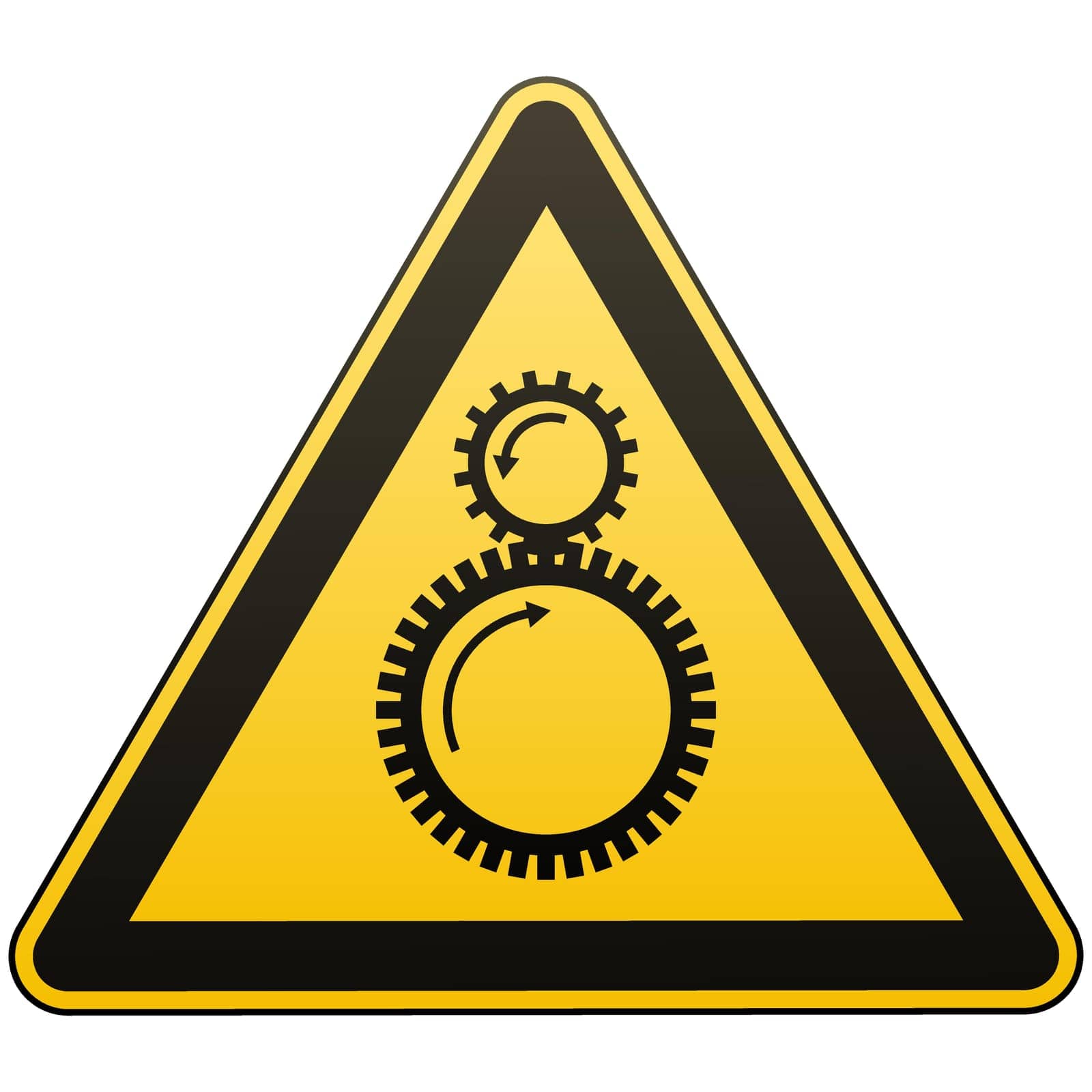 Carefully tightening between rotating elements is possible. Attention is dangerous. Warning sign. Safety precautions. Yellow triangle with black image. Isolated object on white background. Vector illustration