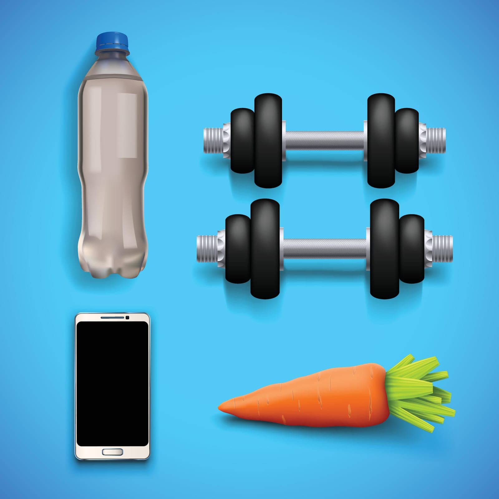 illustration of fitness set equipment with shadow on blue background