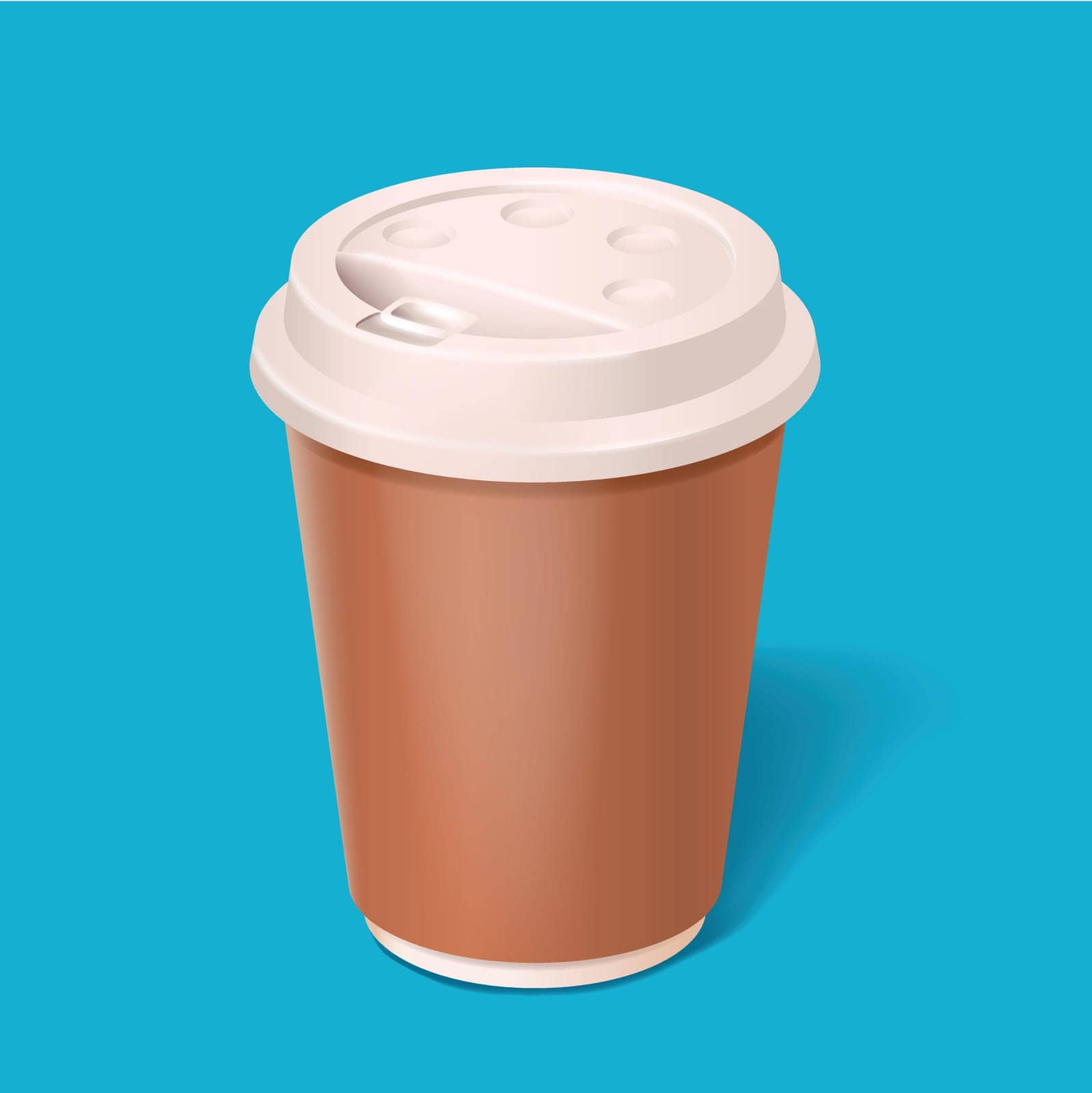 illustration of brown paper cup of coffee on blue background with shadow