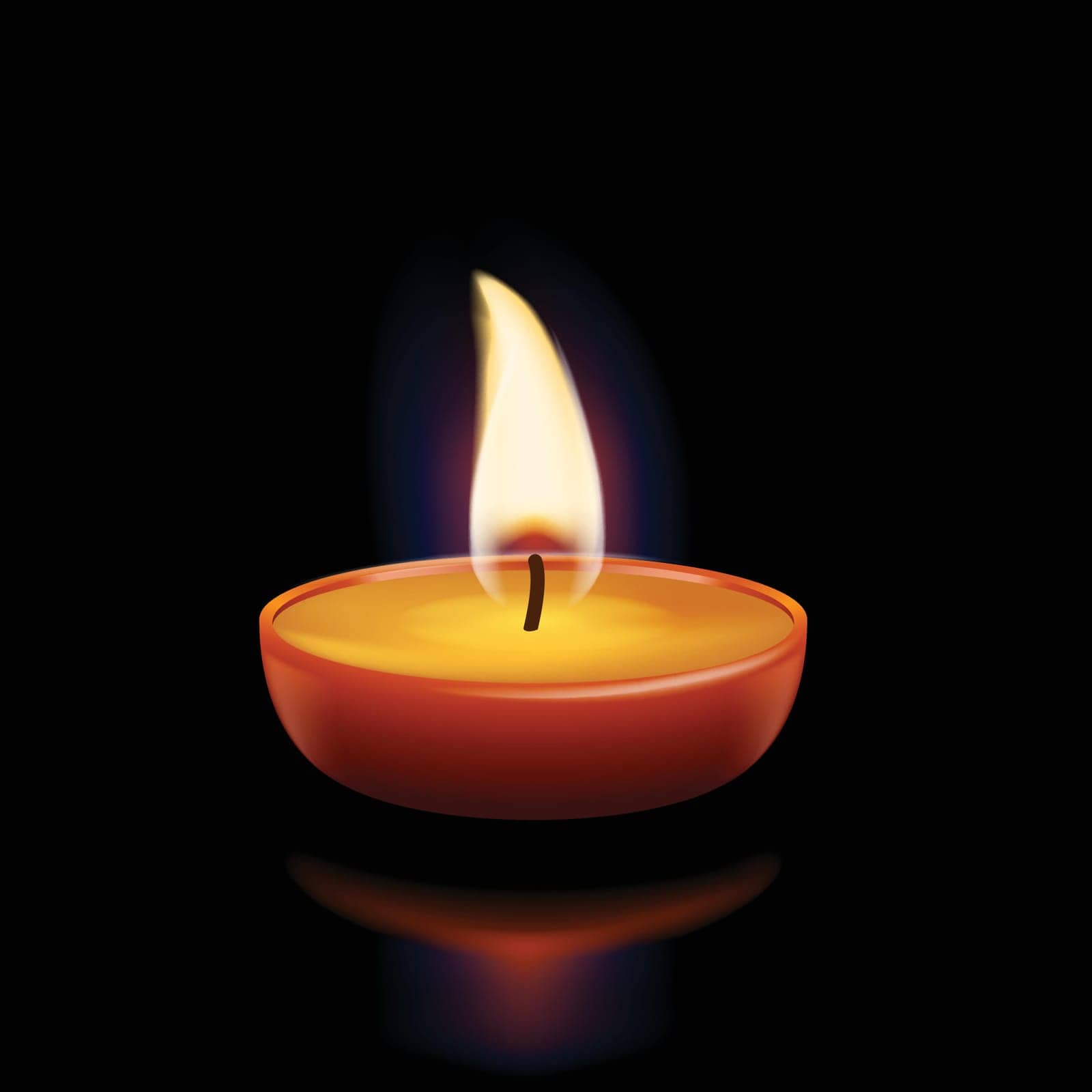 illustration of single burning candle with reflection in the darkness
