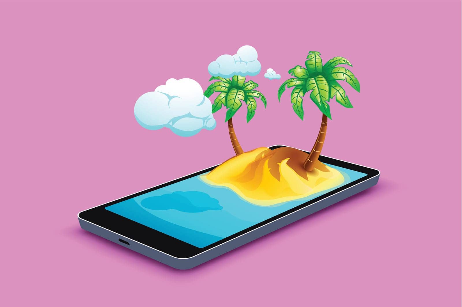 illustration of lying smartphone on pink background with island on screen