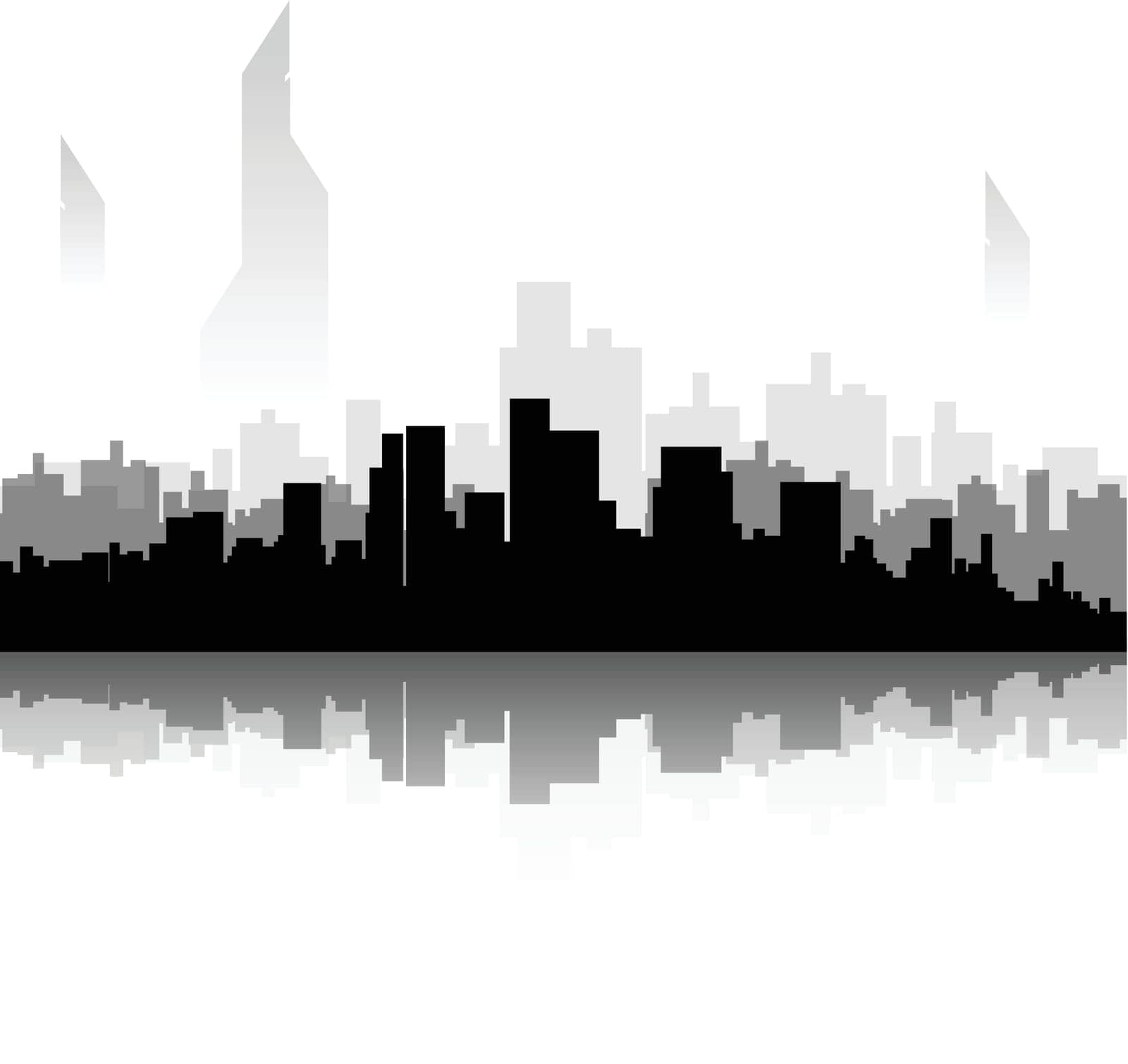illustration of future black color city silhouette with reflection on white background