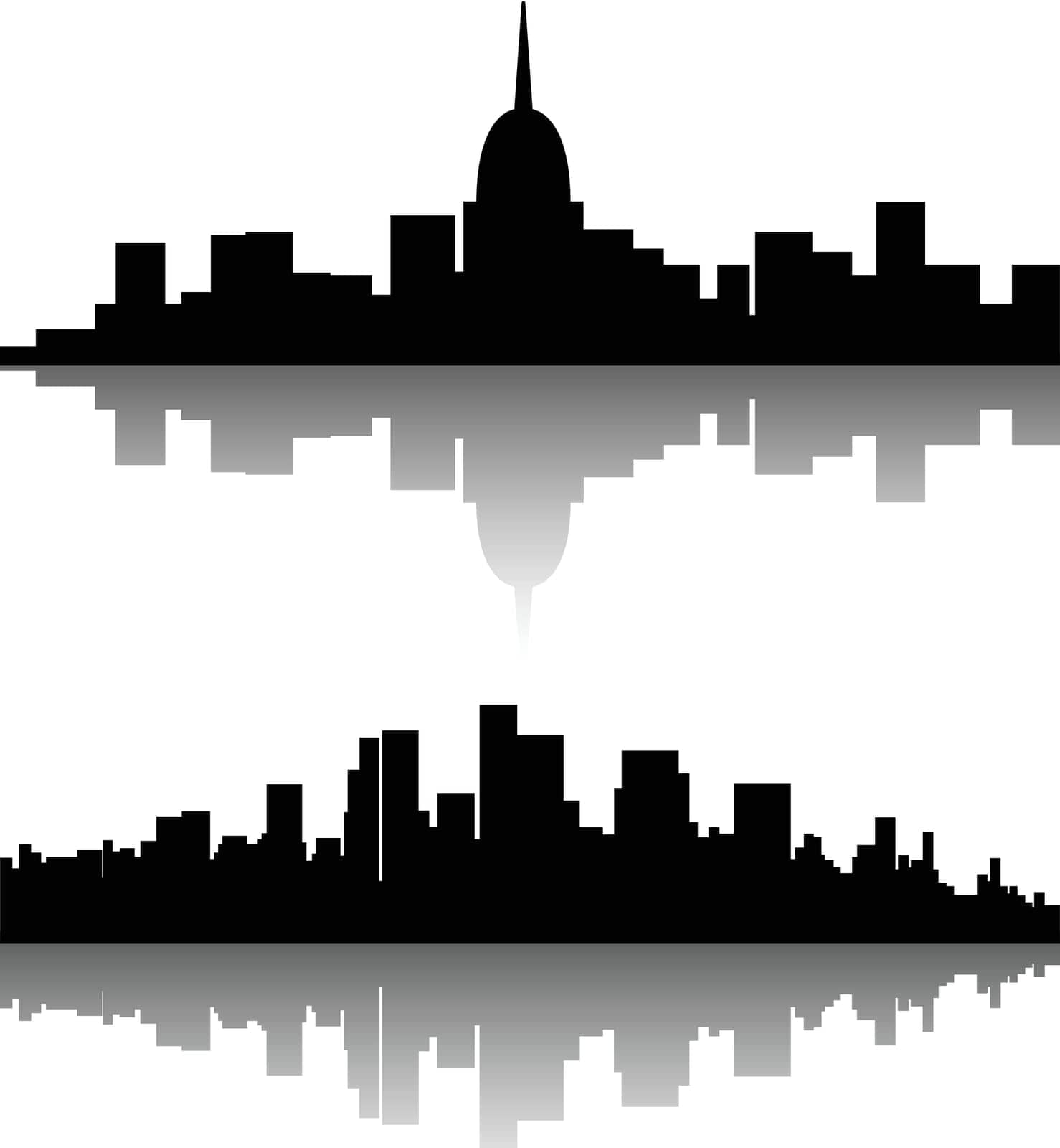 illustration of set of black color city silhouette with reflection on white background