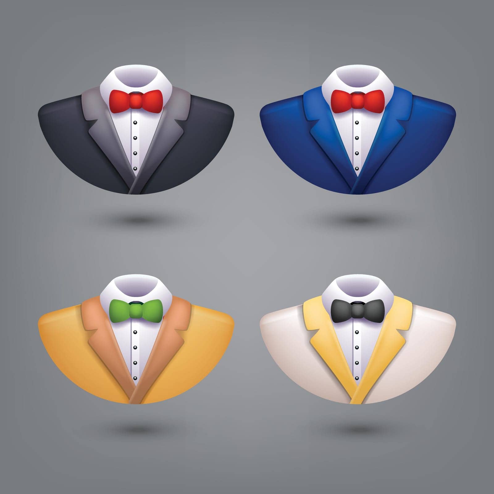 illustration of set of different color tuxedo on grey background