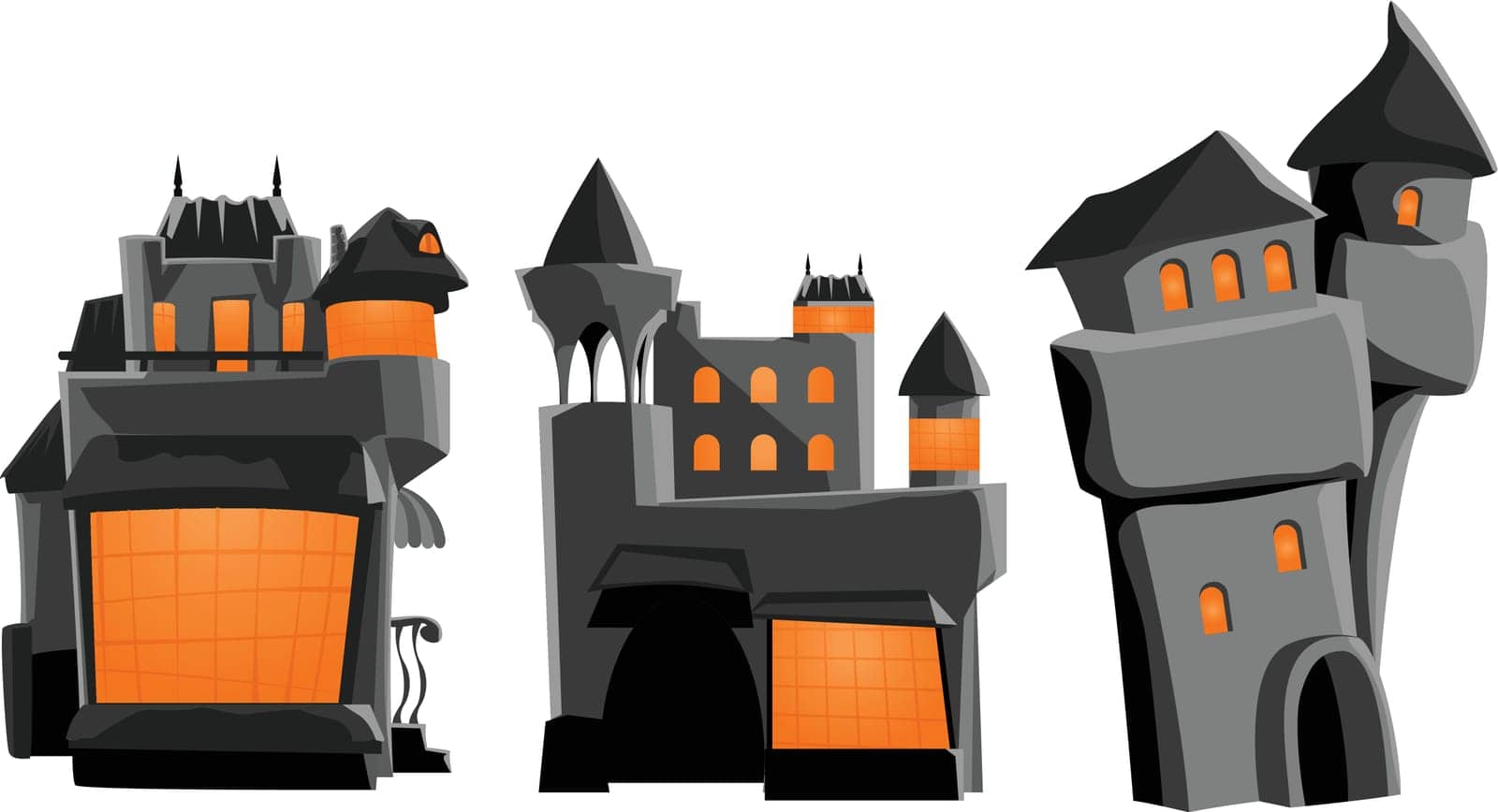 illustration of set of three grey color different castles on white background