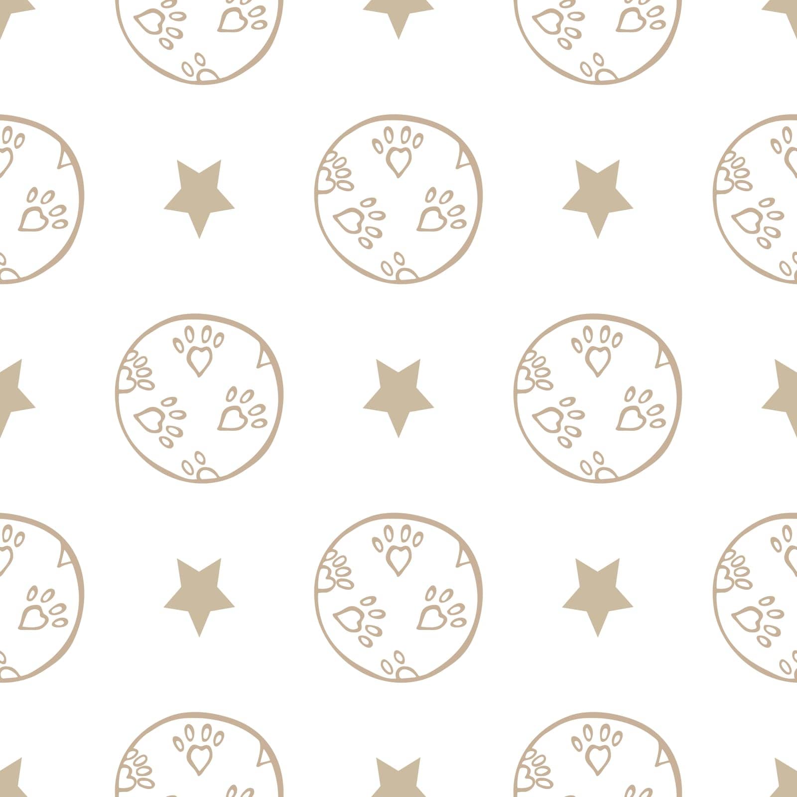 Background with a toy ball for pets and a star on a white background. Seamless pattern with doodles. Vector illustration.