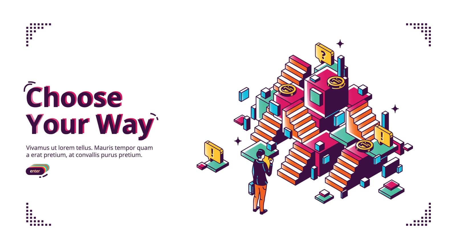Choose your way banner. Career development concept. Vector landing page of planning life direction with isometric illustration of businessman making decision in front of confused stairs