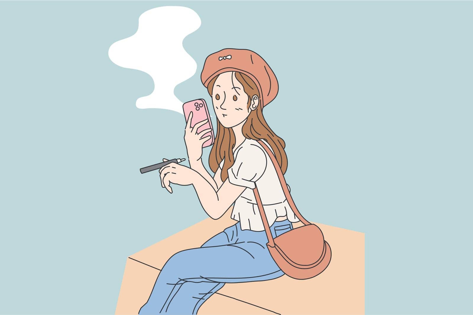 Vape girl cartoon style holding vapor electric  cigarette with activities flat vector illustration by Boingzstudio