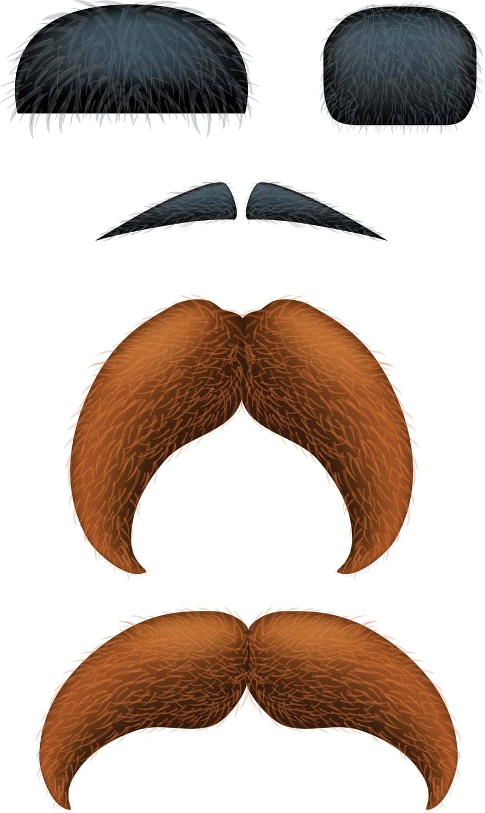 illustration of set mustaches differrent color and shapes on white background