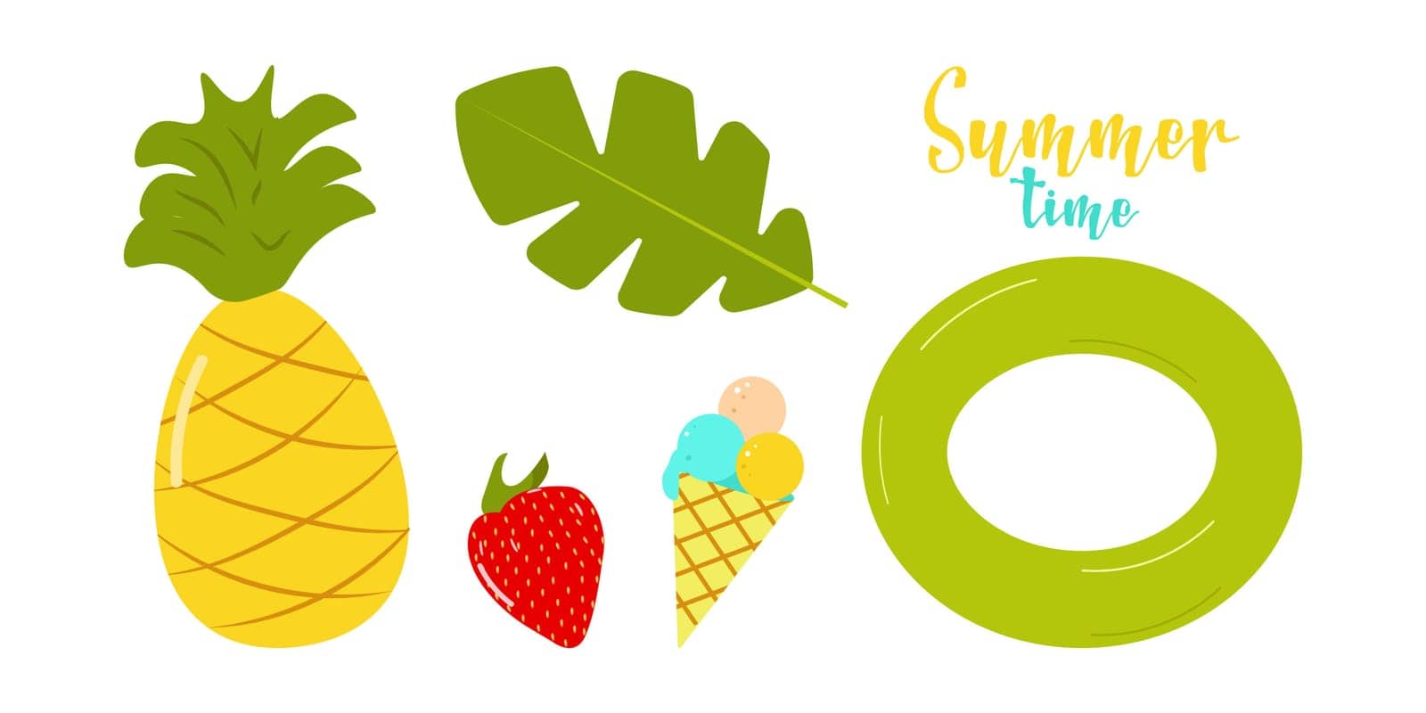 Set of summer elements, beach, summer accessory. Inflatable circle, pineapple, palm leaf, strawberry, ice cream and text. Rest. Vector flat illustration.