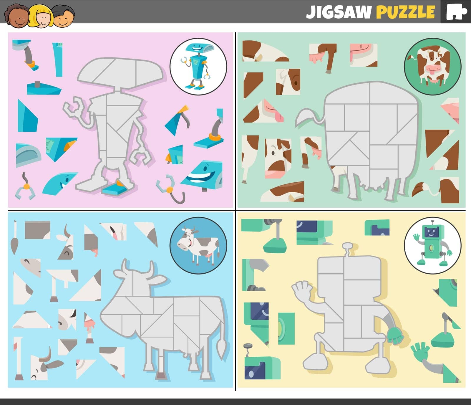 Cartoon illustration of educational jigsaw puzzle games set with robots and cows characters