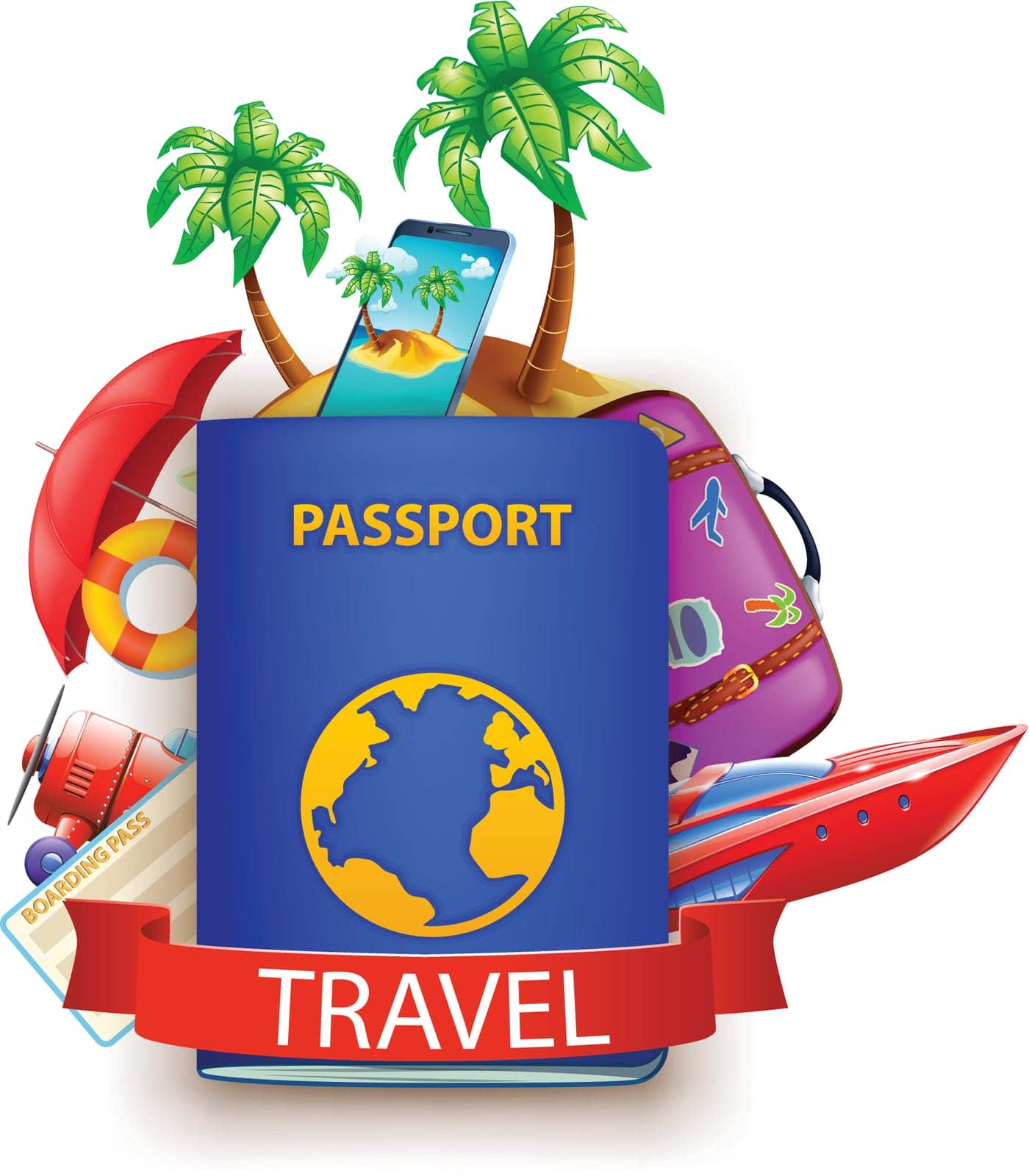 illustration of passport with some elements of trip on white background