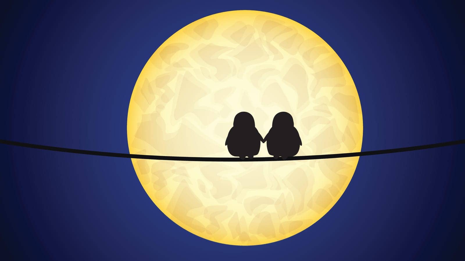 illustration of couple of birds sitting on wires on dark background with moon
