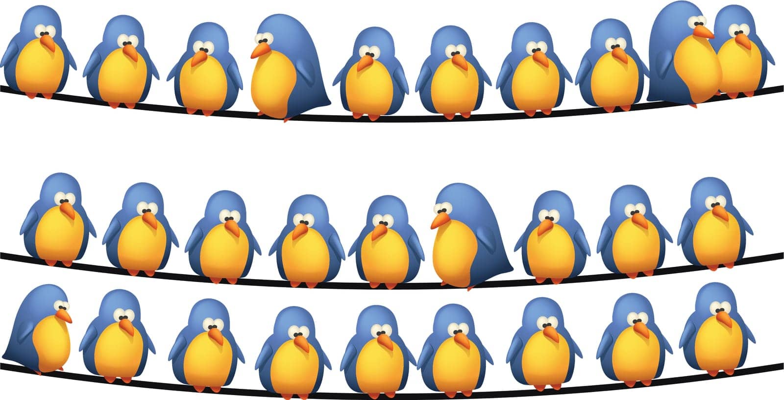 illustration of group of birds sitting on wires on white background