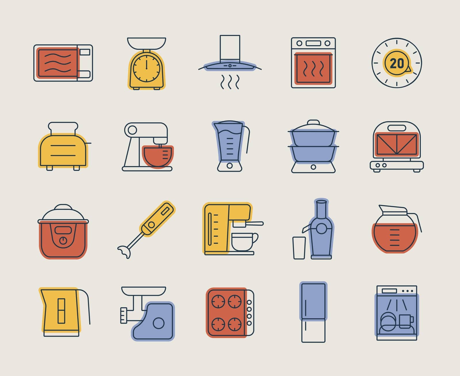 Kitchen appliances electronic electrical equipment tool vector isolated icon set. Graph symbol for cooking web site and apps design, logo, app, UI