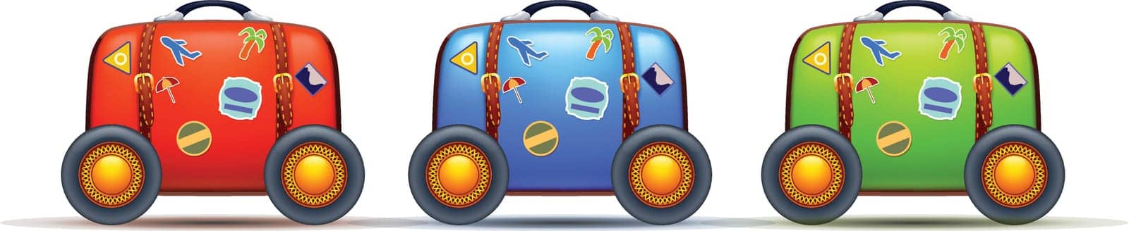 illustration of three old suitcases with stickers and wheels different color on white background