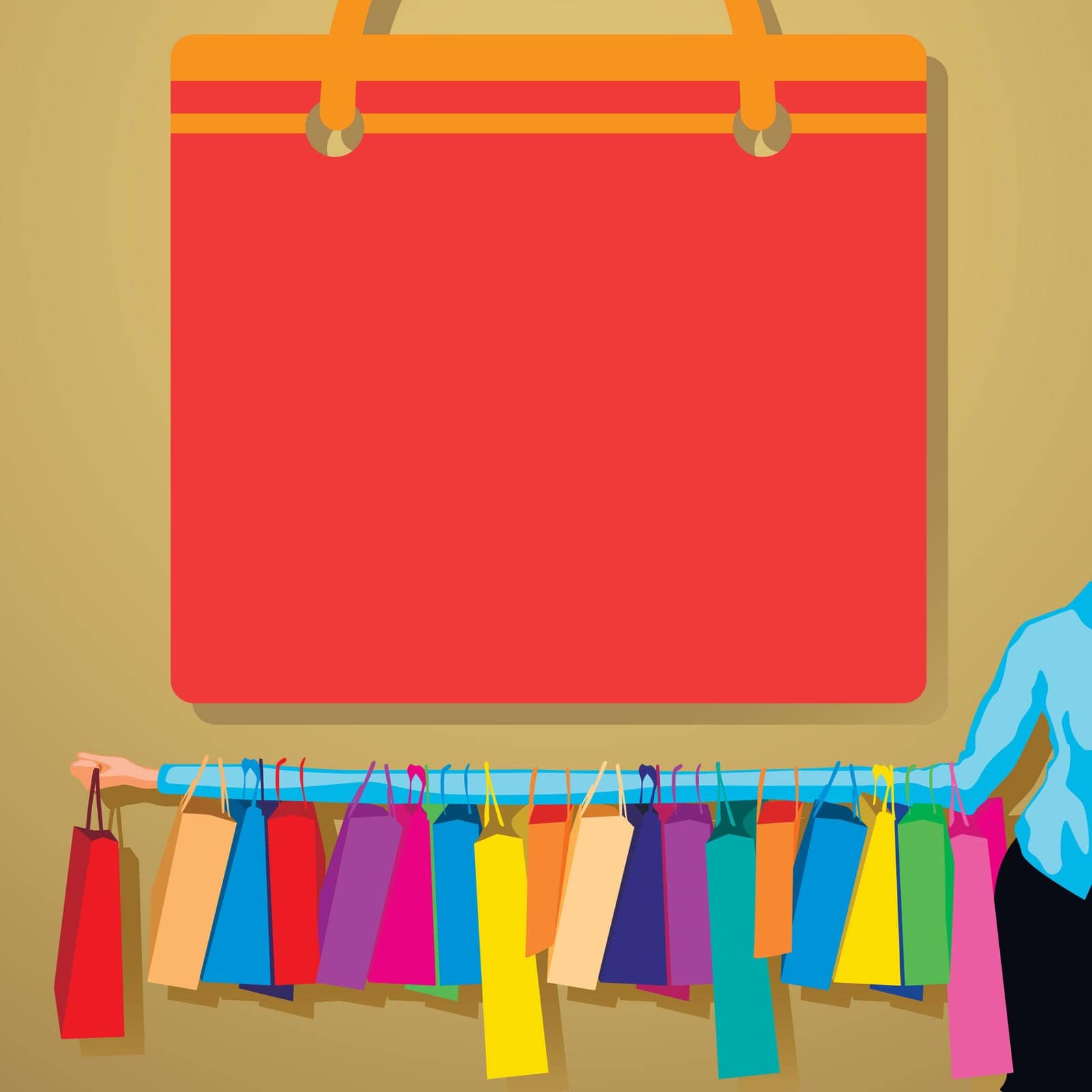 illustration of huge sale. woman hold a lot of bag on one hand