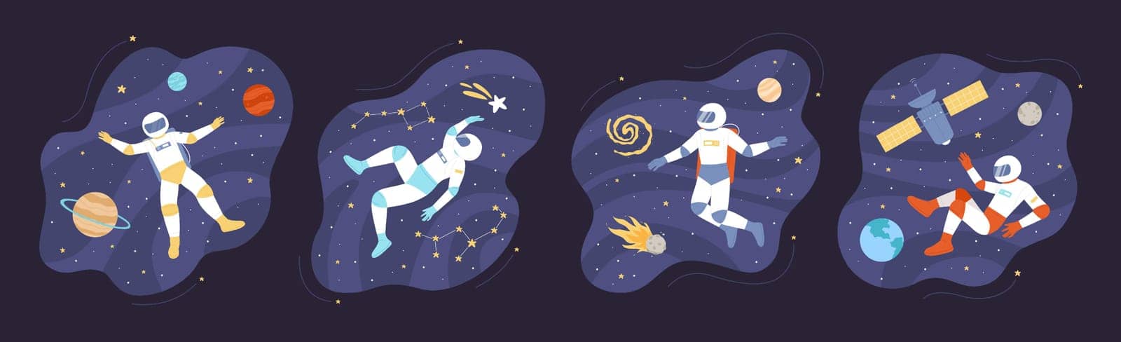 Astronauts floating in space in different poses set vector illustration. Cartoon spaceman in helmet and spacesuit flying between satellite and planets of solar system, shooting star and asteroid