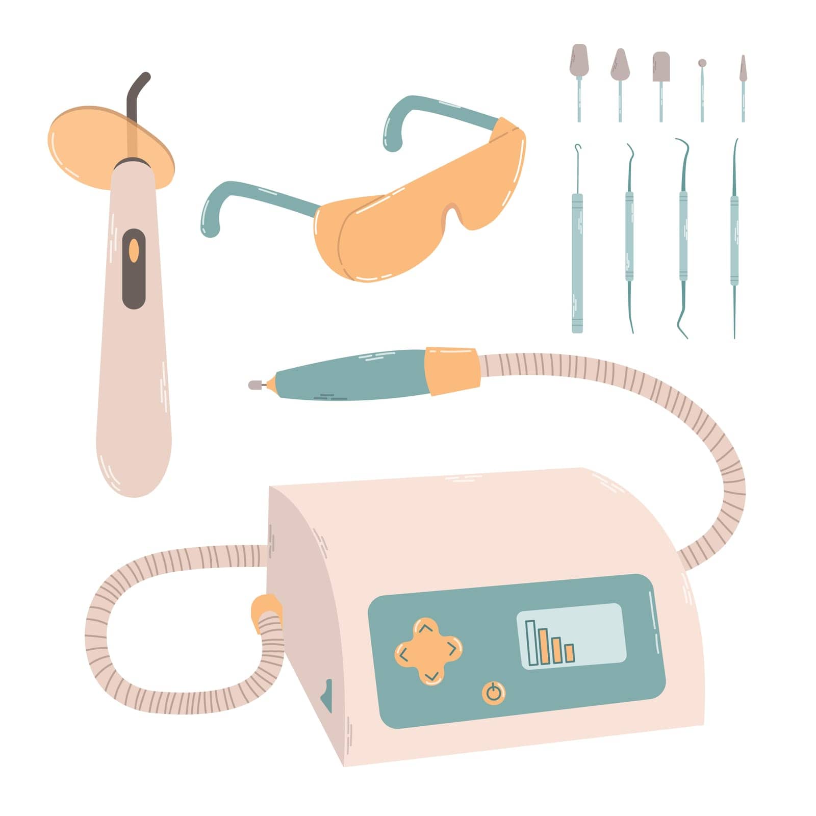 Set of different devices, instruments, protective glasses for nail treatments. Design products for podology and pedicure in colorful flat vector illustration.