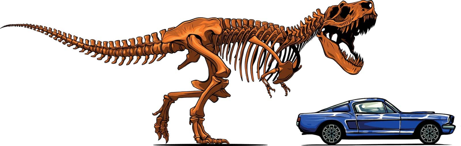 illustration of skeleton dinousaur follow car