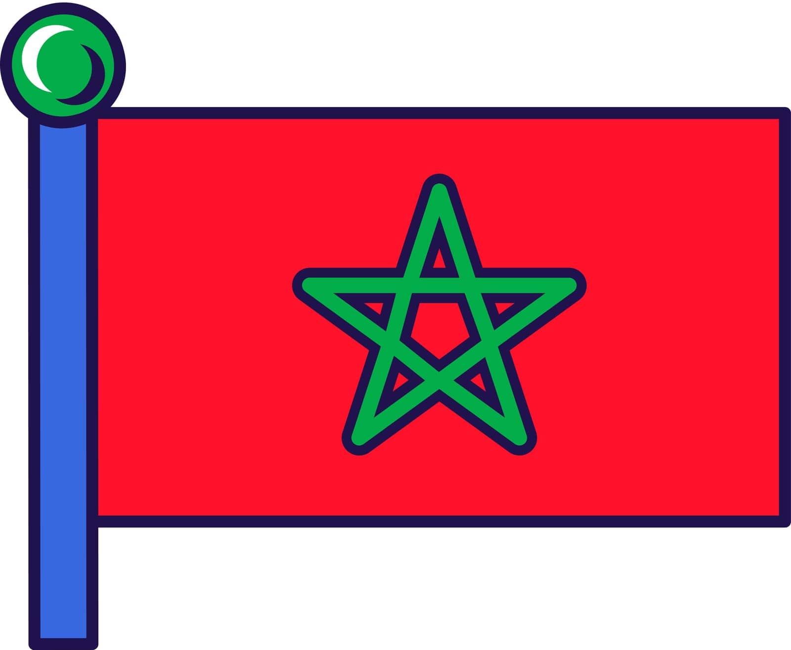 Kingdom of morocco nation flag on flagpole vector. Red field with green pentagram, five pointed linear star on moroccan symbol of islamic african country. State ensign flat cartoon illustration