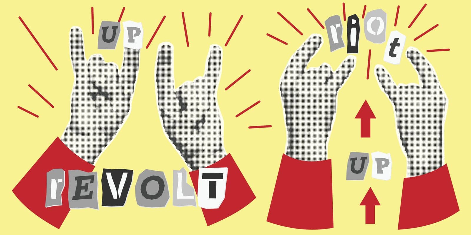 Set of hands, pointer with finger, fists. Halftone style. Collection collage design elements Trendy dotted pop art Vintage grunge punk cutout shapes Rock goat sign Riot Retro text Vector illustration.