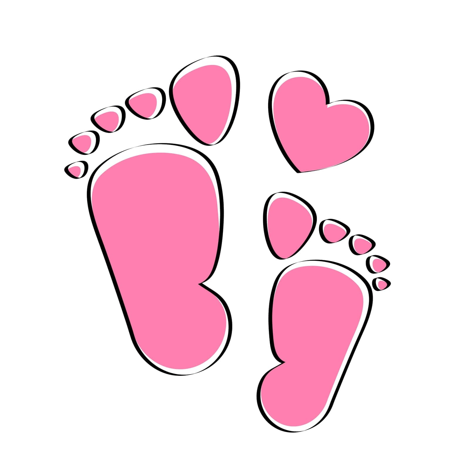 Pink kids or baby feet and foot steps with heart. New born, pregnant or coming soon child footprints. Vector illustration isolated on white.