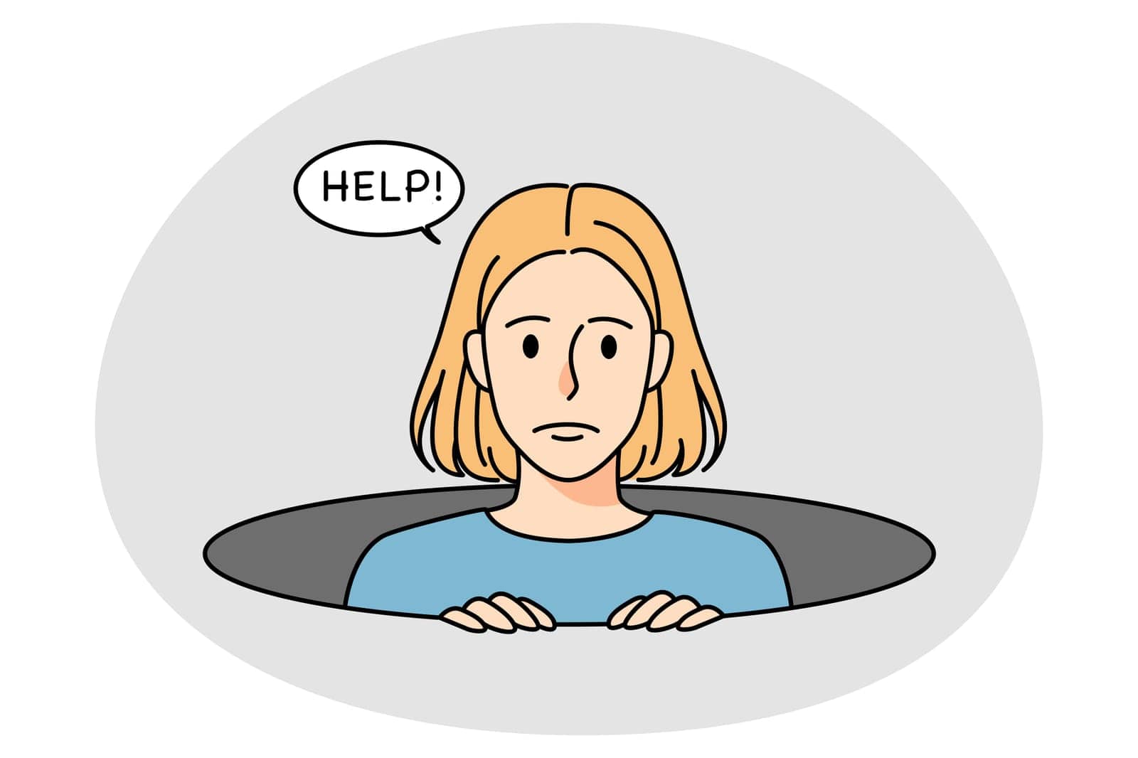 Young woman looking from hole in ground asking for help. Unhappy girl suffer from solitude and loneliness. Depression and sadness. Vector illustration.