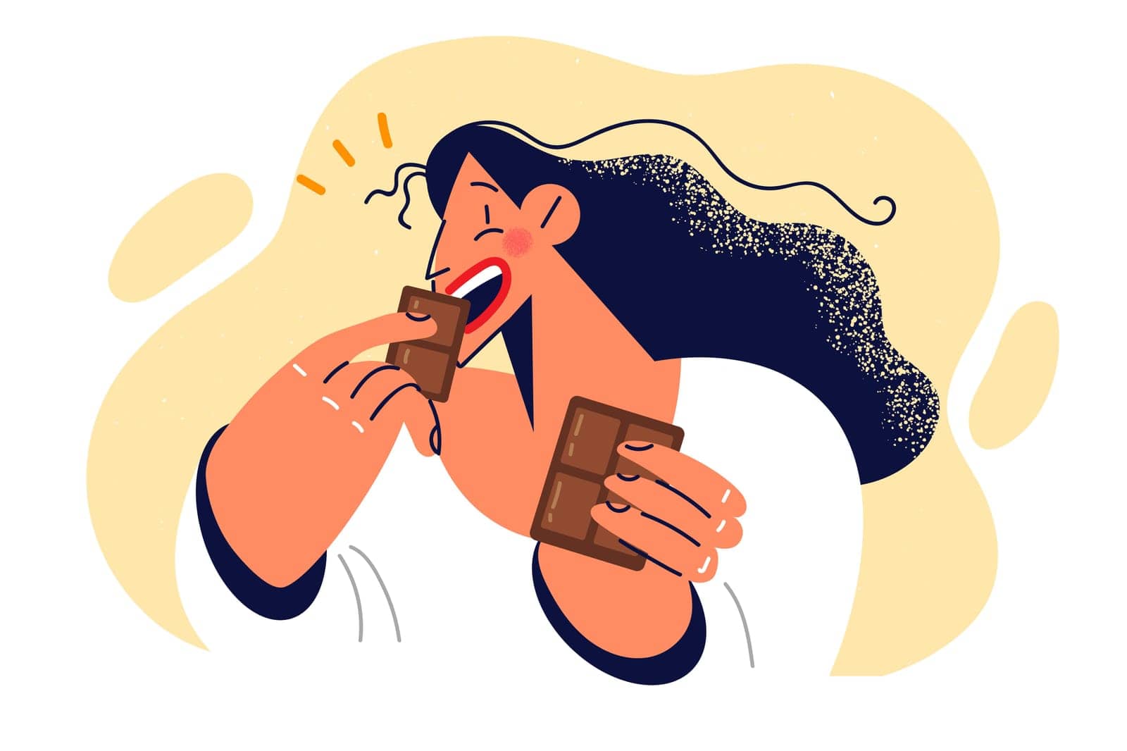 Woman eats dark chocolate enjoying sweet milk dessert that causes surge energy and positive emotions. Happy girl having breakfast with natural chocolate from cocoa babs for sweets addiction concept