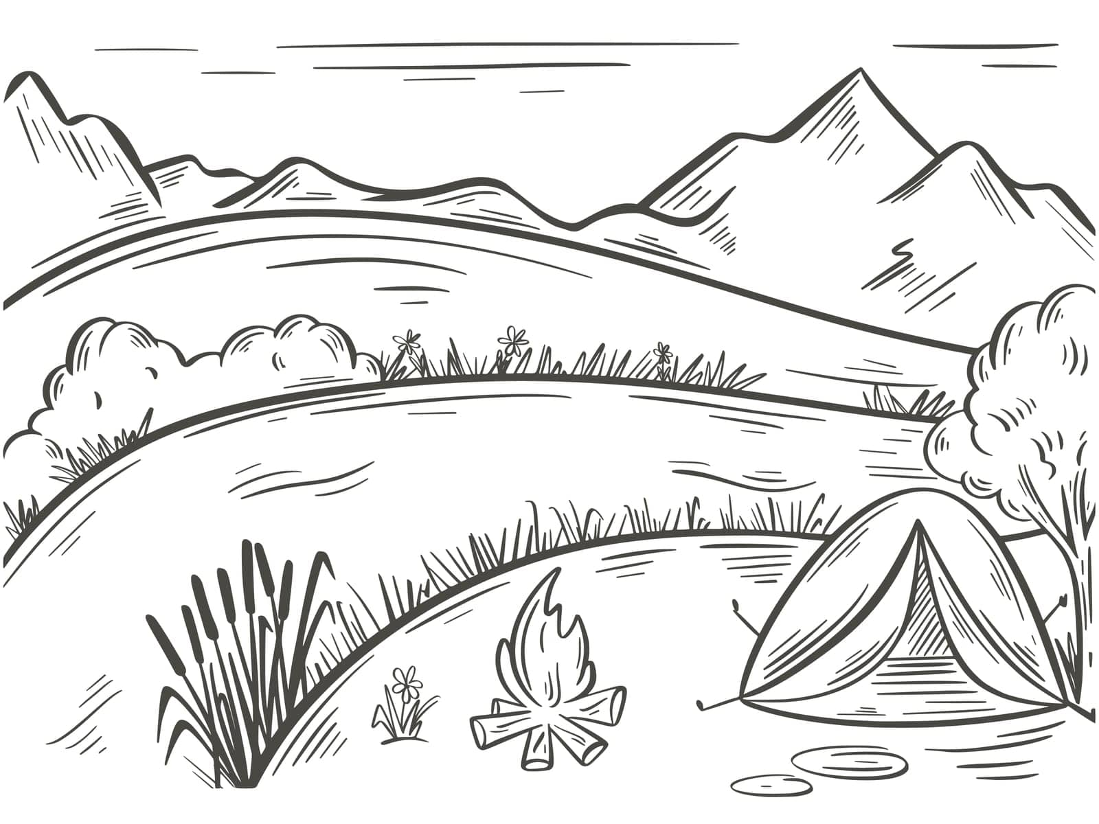Tourist tent near river against backdrop of mountains. Camping, ink doodle sketch. Hiking and camping trip hand engraving. Hand drawn natural landscape, vector illustration