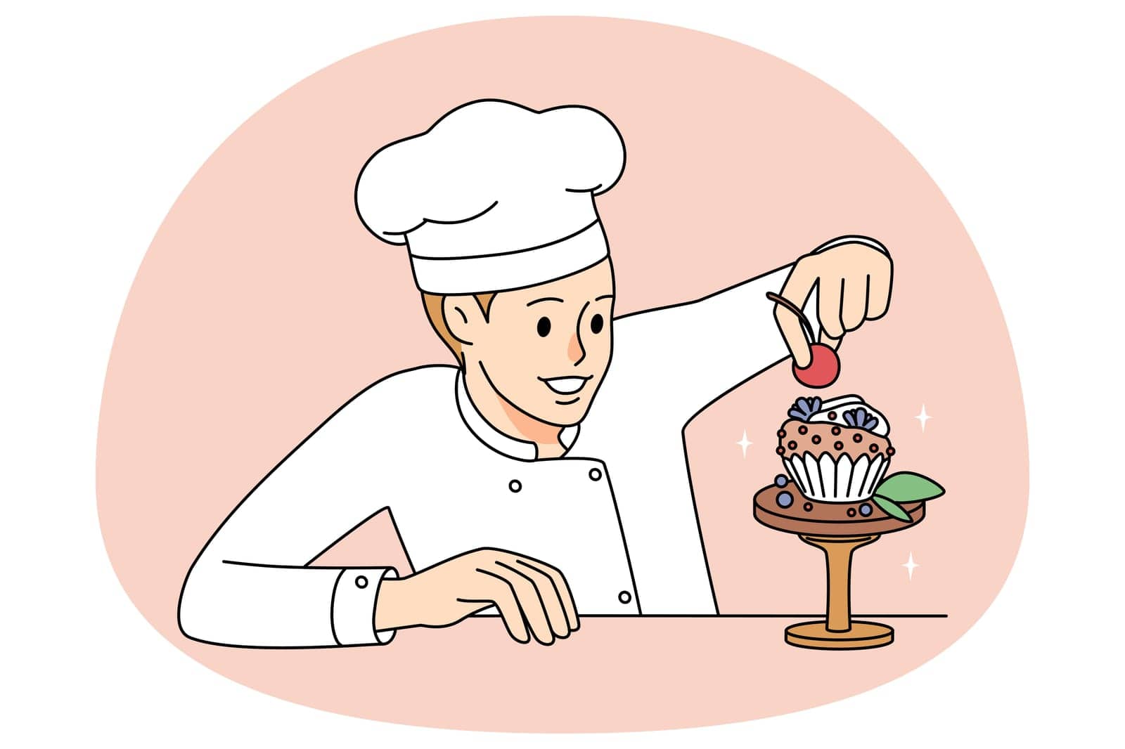 Male pastry chef decorate cake in confectionary shop. Man confectioner preparing cupcake. Dessert making. Vector illustration.
