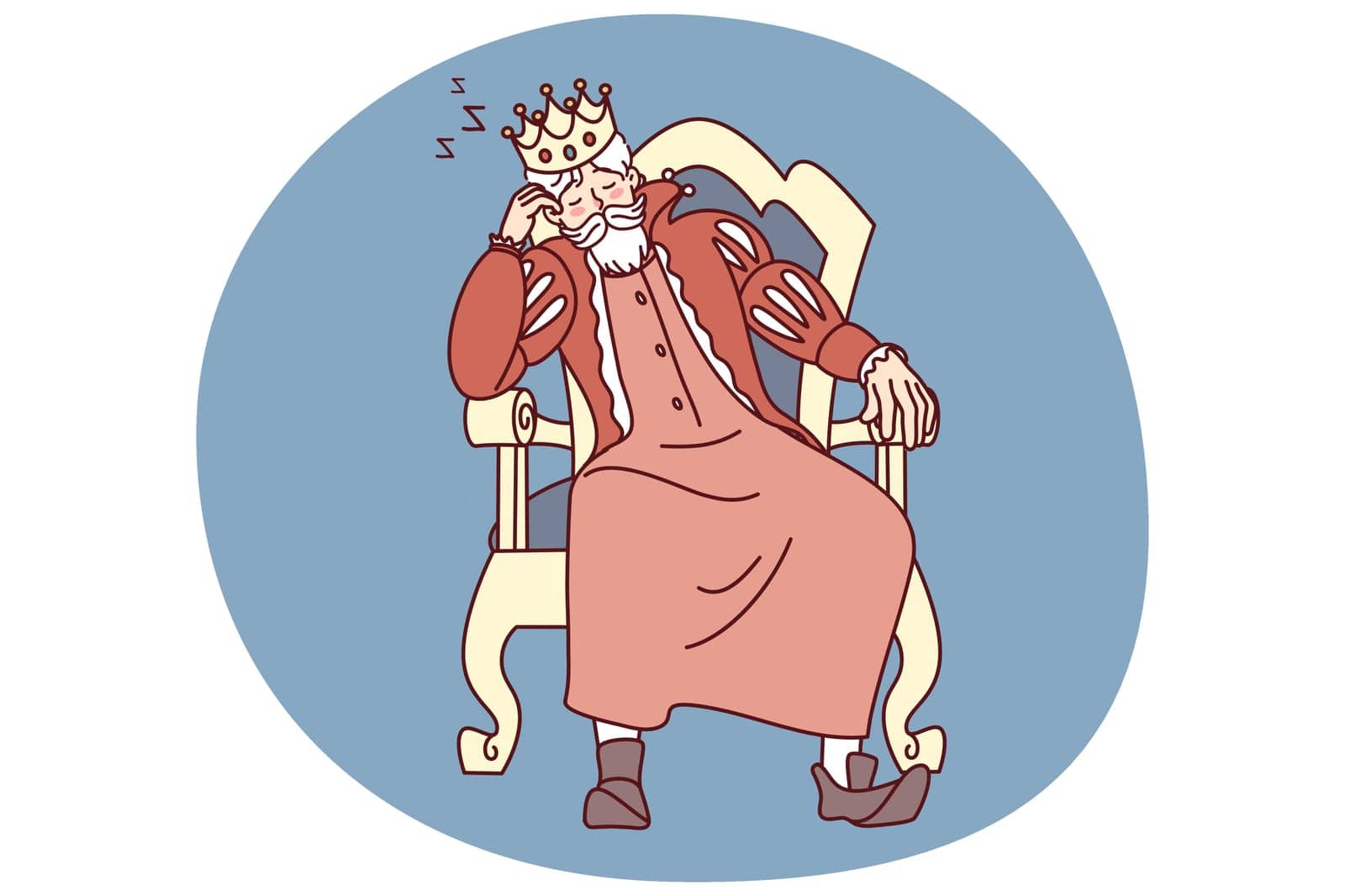 Bored king with crown on head fall asleep in chair. Tired monarch sleeping in armchair. Exhaustion and fatigue. Vector illustration.