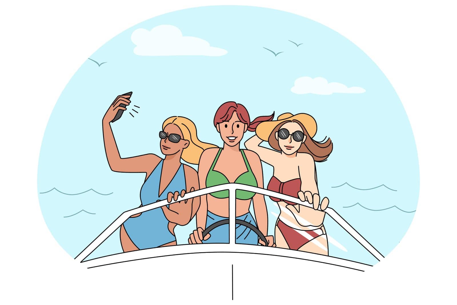 Happy girls in bikini on yacht in sea. Smiling young women having fun on boat in ocean. Summer holiday and relaxation. Vector illustration.