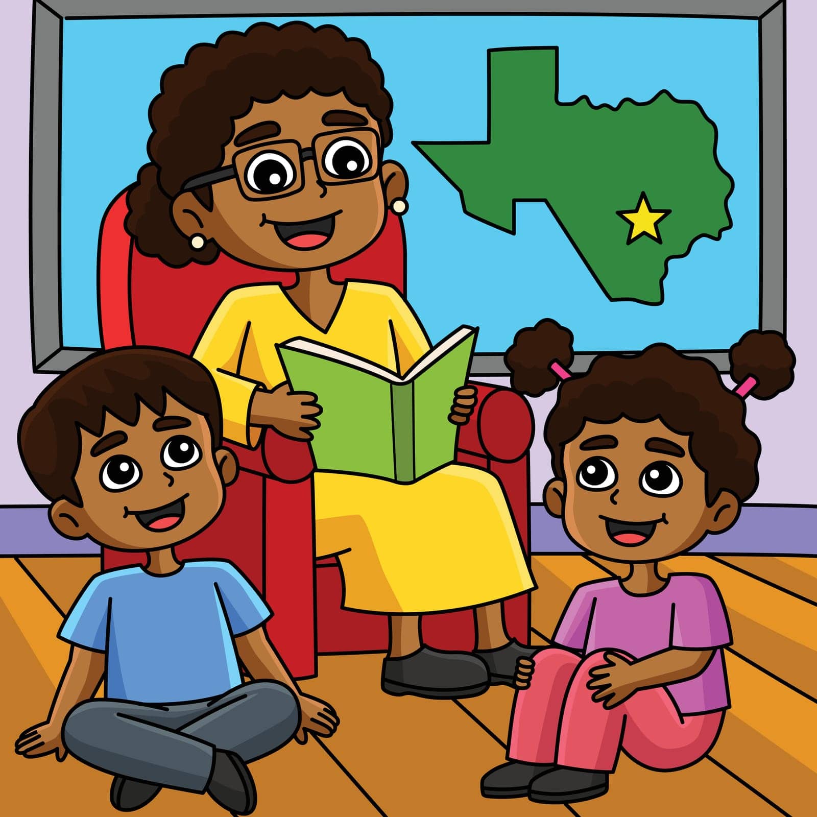 This cartoon clipart shows a Juneteenth Grandmother Telling Story illustration.